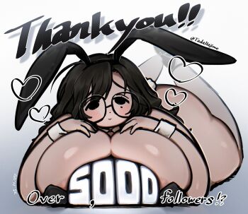 animal_ears areola_slip ass black-framed_eyewear black_eyes black_hair breasts commentary curvy dated english_commentary english_text fat glasses gradient_background grey_background hands_on_own_chest highres huge_ass huge_breasts light_smile long_hair looking_at_viewer lying milestone_celebration no_pupils no_sclera on_stomach original rabbit_ears raised_eyebrows tada_hajime thick_thighs thighs twitter_username white_background white_wrist_cuffs wrist_cuffs