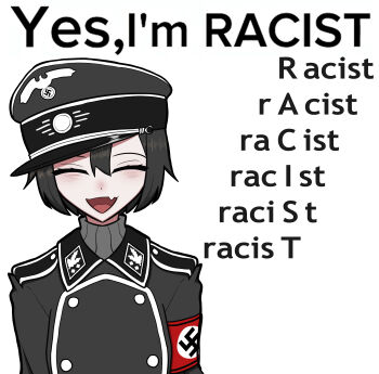 1girl absurdres armband artist_name black_hair black_hat blush closed_eyes english_text fang hair_between_eyes hat highres koalakanru looking_at_viewer meme military_hat military_uniform nazi open_mouth original peaked_cap red_armband reichsadler short_hair solo ss_insignia ss_uniform sven_hoffmann swastika tongue waffen-ss white_background