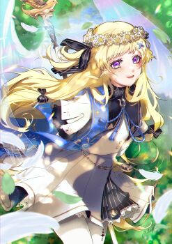 1girl absurdres blonde_hair blue_sash commentary cowboy_shot english_commentary hair_ornament head_wreath high-waist_skirt highres light_blush long_hair long_sleeves looking_at_viewer milupri mixed-language_commentary pantyhose phoebe_(wuthering_waves) purple_eyes sash shirt signature skirt smile solo staff white_pantyhose white_shirt white_skirt wuthering_waves x_hair_ornament