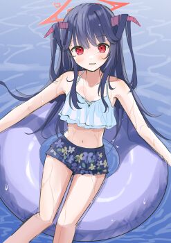 1girl :d absurdres alternate_costume bare_shoulders bikini bikini_skirt black_hair blue_archive blunt_bangs blush collarbone demon_girl demon_horns feet_out_of_frame floral_print floral_print_skirt frilled_bikini frills fuuka_(blue_archive) hair_on_horn halo halterneck highres horns long_hair looking_at_viewer miniskirt mosae multicolored_bikini navel no_headwear open_mouth print_skirt red_eyes red_halo sidelocks sitting sketch skirt smile solo stomach swim_ring swimsuit two-tone_bikini very_long_hair water wet white_bikini