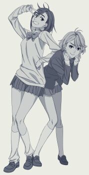 2girls 8bhih absurdres ayase_momo bow bowtie breasts collared_shirt crossed_bangs dandadan full_body greyscale grin hair_between_eyes hands_on_own_cheeks hands_on_own_face highres loafers loose_socks medium_breasts medium_hair monochrome multiple_girls pleated_skirt school_uniform shiratori_aira_(dandadan) shirt shoes skirt smile socks sweatdrop v