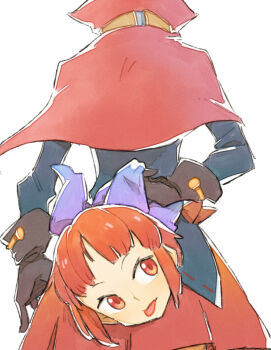 1girl blue_bow blue_shirt bow brown_gloves capelet commentary_request cowboy_shot disembodied_head floating_head from_behind gloves hair_bow red_capelet red_eyes red_hair red_skirt sekibanki shirt short_hair sideways_glance simple_background skirt solo tongue tongue_out touhou white_background ziro_(daydozen)