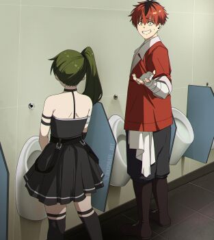 1boy 1girl arm_strap armlet artist_name bandaged_arm bandages black_dress black_pants commentary contemporary dress from_behind green_hair highres indoors inkspirate jacket jewelry long_hair pants peeing peeing_together photo_background pleated_dress public_restroom red_eyes red_hair red_jacket short_hair side_ponytail sousou_no_frieren standing stark_(sousou_no_frieren) suspenders_hanging thigh_strap twitter_username twitter_x_logo ubel_(sousou_no_frieren) urinal urinal_use