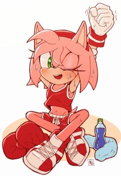 Rule 34 | 1girl, amy rose, armpits, bottle, boxing, boxing gloves, bra, bracelet, exhausted, gloves, green eyes, hairband, jewelry, jkt sonic, legs, medium hair, petite, pink fur, pink hair, sega, shoes, shorts, sitting, smile, sneakers, sonic (series), sports bra, sportswear, stretching, sweat, sweatdrop, towel, underwear, water bottle