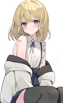 1girl bare_shoulders black_skirt black_thighhighs blonde_hair collared_shirt commission etoria grey_eyes highres indie_virtual_youtuber jacket kishiro_lemo_(vtuber) looking_at_viewer medium_hair off_shoulder shirt simple_background skeb_commission skirt sleeveless sleeveless_shirt smile solo thighhighs upper_body virtual_youtuber white_background white_jacket white_shirt