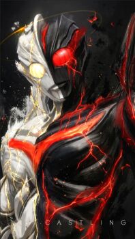 Rule 34 | 2boys, alien, armor, artist name, black armor, black background, black skin, breastplate, castlings, color timer, colored skin, commentary, commentary typo, compound eyes, crackling energy, dark zagi, doppelganger, dorsal fin, energy, english commentary, full armor, giant, giant male, glowing, glowing eyes, grey skin, halo, head tilt, looking at viewer, male focus, multicolored skin, multiple boys, no pupils, painterly, pectorals, red eyes, red skin, shoulder armor, silver armor, split theme, tokusatsu, toned, toned male, two-tone skin, ultra series, ultraman nexus (series), ultraman noa, upper body, white eyes, wings