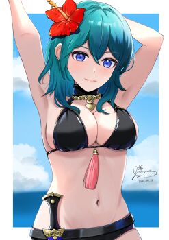 1girl absurdres armpits arms_up bare_shoulders belt bikini black_belt black_bikini black_collar blue_eyes blue_hair blue_sky border breasts cleavage closed_mouth cloud collar commentary_request cowboy_shot dagger dated day female_byleth_(fire_emblem) female_byleth_(summer)_(fire_emblem) fire_emblem fire_emblem:_three_houses fire_emblem_heroes flower groin hair_between_eyes hair_flower hair_ornament hibiscus highres jewelry knife large_breasts light_blush long_hair looking_at_viewer mugitoro_(dsfv2277) navel necklace nintendo ocean official_alternate_costume red_flower sheath sheathed sidelocks signature sky smile solo standing stomach swimsuit tassel weapon white_border