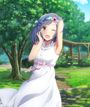 1girl ;d aoto_hina aqua_hairband armpits bare_arms bare_shoulders blue_eyes blue_hair blue_sky bow breasts buttons cloud day dress game_cg hairband hand_in_own_hair house looking_at_viewer medium_breasts official_art one_eye_closed open_mouth outdoors pink_bow pink_ribbon print_hairband ribbon short_hair sky sleeveless sleeveless_dress smile solo third-party_source toji_no_miko toji_no_miko:_kizamishi_issen_no_tomoshibi tree waist_ribbon white_dress wooden_house