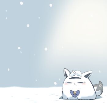 <o>_<o> :< ahoge animal_ears blue_bow bow cocomayo29_(tomato) commentary fox_ears fox_tail hololive korean_commentary miteiru_(shirakami_fubuki) no_humans pentagram sitting snow snowflakes tail waiting