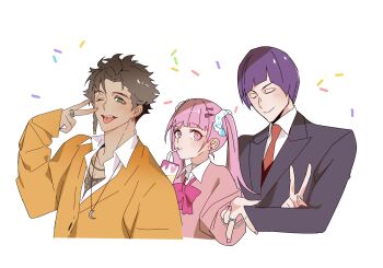 Rule 34 | 1girl, 2boys, alternate costume, black hair, black suit, braid, cdgm000, claude von riegan, confetti, dark-skinned male, dark skin, fire emblem, fire emblem: three houses, formal clothes, green eyes, gyaru, gyaru v, height difference, highres, hilda valentine goneril, inward v, long hair, long sleeves, looking at viewer, lorenz hellman gloucester, multiple boys, necktie, nintendo, pink eyes, purple hair, red necktie, short hair, simple background, sleeves past wrists, suit, tongue, tongue out, twintails, v, white background