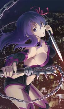 Rule 34 | 1girl, adapted costume, backless outfit, black boots, black collar, black dress, black gloves, boots, breasts, chain, city, cleavage, clothing cutout, collar, cosplay, covered erect nipples, cowboy shot, detached collar, dress, dual wielding, dynamic pose, facial mark, fate/grand order, fate/stay night, fate (series), fingerless gloves, floating hair, forehead mark, from side, gloves, hair ribbon, heaven's feel, highres, holding, holding weapon, large breasts, leotard, long hair, looking at viewer, matou sakura, medusa (fate), medusa (rider) (fate), medusa (rider) (fate) (cosplay), medusa (rider) (third ascension) (fate), midair, nameless dagger (fate), navel, navel cutout, night, official art, outdoors, parted lips, pink collar, pink dress, pink gloves, pink ribbon, pink thighhighs, purple eyes, purple hair, reverse grip, ribbon, shiojima yuka, sideboob, single sidelock, solo, strapless, strapless dress, strapless leotard, thighhighs, third-party source, tube dress, two-tone dress, two-tone gloves, two-tone thighhighs, weapon