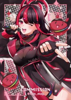 Rule 34 | 1girl, ahoge, black gloves, black hair, black jacket, black leotard, breasts, commentary, commission, cowboy shot, creature, english commentary, fingerless gloves, gloves, gx aura, hair ornament, hairclip, hands up, highres, holding, holding microphone, jacket, leotard, long hair, long sleeves, looking at viewer, medium breasts, microphone, multicolored hair, music, one eye closed, open clothes, open jacket, open mouth, opera gx, parted bangs, red eyes, red streaks, singing, smile, solo, streaked hair, swept bangs, tolo mag, vgen commission, virtual youtuber