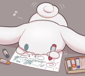 :3 animal animal_focus blue_eyes blush_stickers cinnamoroll commentary crayon crayon_drawing curled_tail dog drawing_(action) drawing_(object) fuwa_fuwa_cinnamoroll grey_background highres musical_note no_humans paper reimentyuru sanrio simple_background smile solo symbol-only_commentary white_dog white_fur