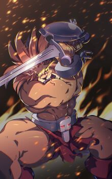1boy abs animal_ears bara boots commentary english_commentary fangs furry furry_male glowing glowing_eyes highres holding holding_sword holding_weapon leo_(warzard) lion_boy lion_ears lion_mane male_focus muscular muscular_male open_mouth pectorals red_boots scar scar_on_face scar_on_nose shield sword tiggonthegreat topless_male warzard weapon