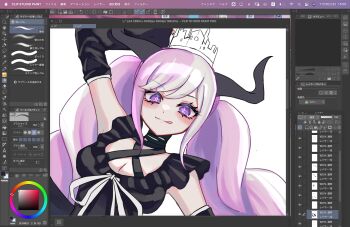 Rule 34 | 1girl, :p, arm up, art program in frame, black horns, breasts, cleavage, clip studio paint (medium), closed mouth, commentary request, criss-cross halter, crown, detached sleeves, donburi (minami don), eyelashes, frills, halterneck, highres, horns, large breasts, long hair, looking at viewer, master detective archives: rain code, multicolored hair, pink hair, purple eyes, shinigami (rain code), smile, solo, tongue, tongue out, twintails, unfinished, white background, white crown, white hair