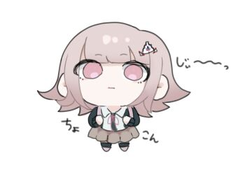 1girl brown_hair chibi collared_shirt danganronpa_(series) danganronpa_2:_goodbye_despair flipped_hair hair_ornament holding_strap jacket long_sleeves looking_at_viewer medium_hair nanami_chiaki neck_ribbon nikuiro_no_i open_clothes open_jacket pink_eyes pink_ribbon ribbon shirt simple_background skirt solo thighhighs translation_request white_background white_shirt