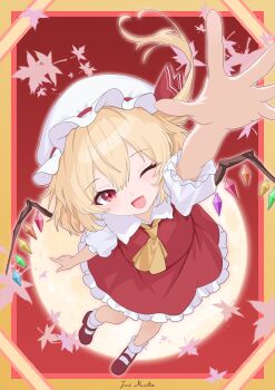 Rule 34 | 1girl, :d, absurdres, arm up, ascot, autumn leaves, blonde hair, border, bow, commentary, crystal, crystal wings, dot nose, dress, embodiment of scarlet devil, fang, flandre scarlet, foreshortening, frilled sleeves, frills, full body, full moon, hair between eyes, hat, hat bow, hat ribbon, highres, just monika, leaf, looking at viewer, mob cap, moon, multicolored wings, one eye closed, open mouth, puffy short sleeves, puffy sleeves, reaching, reaching towards viewer, red background, red bow, red dress, red eyes, red ribbon, red shoes, ribbon, shoes, short hair, short sleeves, sidelocks, smile, socks, solo, sparkle, sparkling eyes, touhou, uwabaki, watermark, white hat, white socks, wings, yellow ascot, yellow border