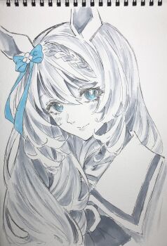 1girl animal_ears blue_bow blue_eyes bow braid closed_mouth greyscale hair_between_eyes head_tilt highres horse_ears horse_girl long_hair looking_at_viewer mizuiro_neko monochrome photo_(medium) sailor_collar sailor_shirt shirt simple_background solo spot_color super_creek_(umamusume) traditional_media umamusume upper_body