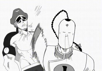 2boys abs animated animated_gif artist_request braid brockenman chinese_clothes day facial_hair facial_mark fu_manchu_(mustache) hand_in_own_hair hat humiliation jujutsu_kaisen kinnikuman long_mustache manly military_hat monochrome motion_lines multiple_boys muscular mustache naoya_hitting_choso_without_looking_(meme) pectorals punching ramenman shaded_face violence wrestling_outfit