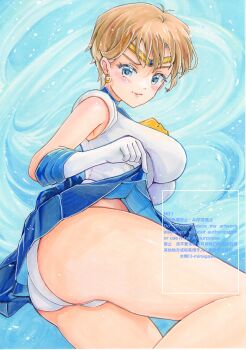 1girl absurdres ass bishoujo_senshi_sailor_moon blonde_hair blue_choker blue_eyes blue_sailor_collar blue_skirt bow breasts cameltoe choker clothes_lift earrings gloves highres hoop_earrings jewelry panties pantyshot pleated_skirt raised_eyebrow sailor_collar sailor_senshi_uniform sailor_uranus short_hair skirt skirt_lift smile solo ten&#039;ou_haruka underwear white_gloves yanaginosita yellow_bow