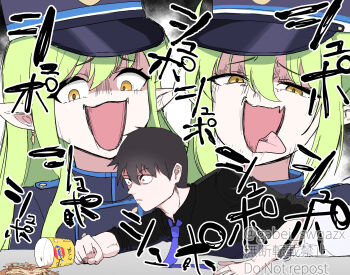 1boy 2girls :d absurdres black_hair black_hat black_jacket black_shirt blue_archive blue_necktie buttons clenched_hand collared_shirt commentary_request double-breasted downturned_eyes earrings fang furrowed_brow green_hair hair_between_eyes hat highres hikari_(blue_archive) instant_cup_noodles jacket jewelry jujutsu_kaisen laughing long_hair looking_at_another looking_down lying mochini motion_lines multiple_girls necktie nose nozomi_(blue_archive) on_stomach open_mouth parody parted_lips peaked_cap pointy_ears scene_reference sensei_(blue_archive) shaded_face shirt short_hair siblings sidelocks simple_background sisters skin_fang smile tongue tongue_out translated twins twitter_username upper_body watermark white_background wide-eyed