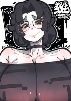 1girl absurdres artist_name bare_shoulders black_choker black_dress black_eyes black_hair breasts choker closed_mouth collarbone commentary dress english_commentary glasses highres jrpencil large_breasts looking_at_viewer off-shoulder_dress off_shoulder original raised_inner_eyebrows short_hair smile solo upper_body