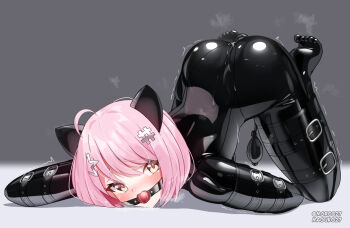 1girl ahoge all_fours animal_ears ball_gag bitchsuit blush bodysuit butt_plug fake_animal_ears full_body gag gagged grey_background hair_ornament hairclip highres human_dog inflatable_buttplug latex latex_bodysuit looking_at_viewer maguro27 original pet_play pink_hair pussy_juice sex_toy shiny_clothes short_hair simple_background skin_tight solo toe_scrunch trembling variant_set yellow_eyes