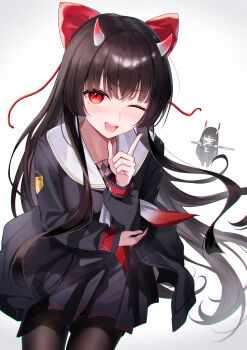 2girls ;d absurdres anger_vein angry azur_lane black_hair black_jacket black_serafuku black_shirt black_skirt blush bow chibi commentary_request demon_girl demon_horns gradient_horns gradient_neckerchief hair_bow hand_up highres horns jacket leaning_forward long_hair miniskirt multicolored_horns multiple_girls neckerchief noshiro_(azur_lane) one_eye_closed oni open_clothes open_jacket open_mouth pantyhose pleated_skirt purple_eyes red_bow red_eyes red_neckerchief rubisco sailor_collar sakawa_(azur_lane) school_uniform serafuku shirt skirt smile solo_focus very_long_hair white_neckerchief white_sailor_collar yellow_neckerchief