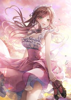 1girl bare_arms bare_shoulders breasts brown_hair choker cleavage cowboy_shot dress floating_hair frilled_choker frilled_dress frills green_eyes hair_ornament hairclip headdress indie_virtual_youtuber long_hair looking_at_viewer mary_janes medium_breasts miori_celesta open_mouth ozzingo pink_dress shoes sleeveless sleeveless_dress smile solo standing unworn_shoes virtual_youtuber
