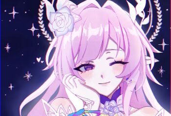 1girl ;) commentary cyrene_(honkai:_star_rail) cyrene_(ripples_of_past_reverie)_(honkai:_star_rail) earrings flower hair_flower hair_intakes hair_ornament halo highres honkai:_star_rail honkai_(series) jewelry long_hair multicolored_hair one_eye_closed oxo_tya pink_hair pointy_ears portrait purple_eyes sky smile solo star_(sky) starry_sky symbol-only_commentary two-tone_hair very_long_hair white_hair