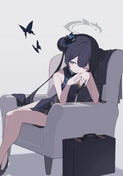 Rule 34 | 1girl, armpit crease, black butterfly, black dress, black hair, black shoes, blue archive, braid, braided bun, bug, butterfly, butterfly hair ornament, china dress, chinese clothes, couch, double bun, dragon print, dress, elbow rest, expressionless, fujimaki nora, grey eyes, grey halo, hair bun, hair ornament, halo, highres, insect, jacket, kisaki (blue archive), looking at viewer, on couch, one eye closed, pelvic curtain, pinstripe jacket, pinstripe pattern, print dress, shoes, simple background, solo, striped clothes, striped jacket, suitcase, unworn jacket, vertical-striped clothes, vertical-striped jacket, white background