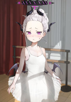 1girl absurdres alternate_costume alternate_hairstyle ballerina ballet bangs_pinned_back barre black_halo blue_archive blurry breasts collarbone commentary cowboy_shot curtains demon_girl demon_horns demon_wings depth_of_field dress forehead halo highres hina_(blue_archive) horns indoors long_hair looking_at_viewer multicolored_halo o_(oooooo04291) purple_eyes short_dress sidelocks small_breasts solo spaghetti_strap standing sunlight sweatdrop tutu two-tone_halo white_dress white_hair wings
