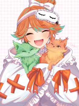 1girl blanket bow cat chonkers_(takanashi_kiara) closed_eyes frills ghosttbyun green_hair heart highres hololive hololive_english multicolored_hair official_alternate_costume official_alternate_hairstyle open_mouth orange_hair simple_background sleep_mask smile smoothie_(takanashi_kiara) solo takanashi_kiara takanashi_kiara_(cozy) two-tone_hair virtual_youtuber