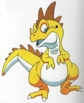 Rule 34 | blue eyes, claws, colored skin, creature, creature focus, dinosaur, dragon quest, dragon quest iv, foot up, highres, komodo (dragon quest), looking to the side, no humans, nose horn, official art, open mouth, profile, scan, tail, third-party source, toriyama akira, white background, white skin, yellow skin