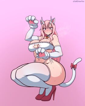 1girl @_@ absurdres animal_ear_hairband animal_ears animal_hands arm_up artist_name bell bikini blush bow breasts cat_cutout cat_ear_hairband cat_ears cat_tail choker closed_mouth clothing_cutout commentary commission double-parted_bangs elbow_gloves embarrassed english_commentary fake_animal_ears fake_tail full_body gloves hairband high_heels highres horns jingle_bell large_breasts long_hair looking_at_viewer navel neck_bell oni paw_gloves paw_pose pink_background pink_eyes pink_hair pink_shoes saltdrawyou shoes shuna_(tensura) side-tie_bikini_bottom simple_background solo squatting sweat swimsuit tail tail_bow tail_ornament tensei_shitara_slime_datta_ken thick_thighs thighhighs thighs twitter_username very_sweaty wavy_mouth white_bikini white_choker white_gloves white_hairband white_thighhighs