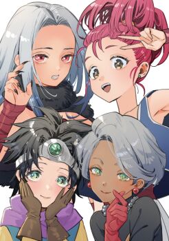 Rule 34 | 4girls, :d, ajpp6, arm wrap, black hair, black nails, black scarf, black shirt, blue vest, brown gloves, circlet, clenched teeth, commentary request, dark-skinned female, dark skin, dragon quest, dragon quest iii, earrings, fingernails, fur scarf, gem, gloves, green eyes, green gem, grey hair, hands on own cheeks, hands on own face, heart, heart hands, heroine (dq3), high ponytail, highres, jewelry, long fingernails, long hair, looking at viewer, looking down, merchant (dq3), monster wrangler (dq3), multiple girls, necklace, open mouth, parted hair, pearl necklace, pink hair, ponytail, purple scarf, red eyes, red gloves, roto (dq3), scarf, sharp fingernails, shirt, short hair, silver circlet, smile, sphere earrings, stud earrings, teeth, thief (dq3), upper body, v, vest, white background, white hair, white trim, yellow sleeves