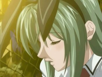 00s 1girl 2005 animal_ears animated animated_gif bible_black bible_black_only blush closed_eyes fake_ears green_hair heavy_breathing implied_fingering ito_mika long_hair necktie outdoors rabbit_ears school school_roof school_rooftop school_uniform sunset tagme