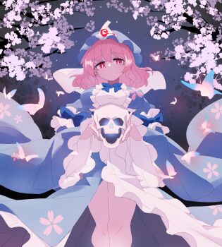 1girl :o blue_kimono breasts bright_pupils bug butterfly cherry_blossoms closed_mouth commentary_request expressionless frills hat highres holding holding_skull insect japanese_clothes kimono large_breasts legs looking_at_viewer medium_hair mob_cap night night_sky pink_eyes pink_hair ryouryou saigyouji_yuyuko skull sky solo thighs touhou veil wavy_hair white_pupils