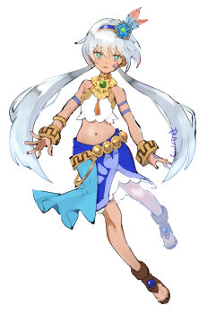 1girl absurdres arm_tattoo bare_shoulders blue_eyes blue_flower blue_hairband blue_skirt bracelet brown_sandals commentary_request dark-skinned_female dark_skin facial_tattoo fantasy_life fantasy_life_i:_the_girl_who_steals_time flower full_body gears grey_hair hair_between_eyes hair_flower hair_ornament hairband highres jewelry long_hair looking_at_viewer low_twintails navel open_mouth rem_(fantasy_life) sandals simple_background skirt solo standing tattoo twintails white_background yachimata_1205