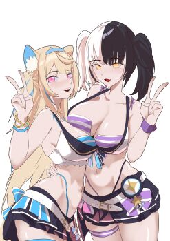 2girls absurdres animal_ears bikini black_hair black_skirt blonde_hair blue_hairband blue_streaks bracelet breasts commission daaku_(koizumi_arata) dog_ears dog_girl dog_tail fake_horns fuwawa_abyssgard hairband highres hololive hololive_english hololive_summer_2023_swimsuit horn_hairband horns jewelry large_breasts long_hair looking_at_viewer multicolored_bikini multicolored_hair multiple_girls navel pink_eyes purple_bikini shiori_novella simple_background skirt split-color_hair swimsuit tail thigh_strap twintails two-tone_hair v very_long_hair virtual_youtuber white_background white_bikini white_hair yellow_eyes