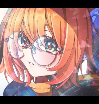 1girl black_horns chika_(ch1k4) commentary curled_horns glasses green_eyes highres horns letterboxed mechanical_horns orange_hair orange_pupils orphie_magnusson parted_lips portrait round_eyewear solo untranslatable_commentary white_background zenless_zone_zero