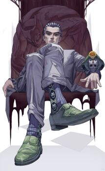 absurdres black_eyes cheekbones commentary crossed_legs diamond_wa_kudakenai english_commentary formal_clothes highres jojo_no_kimyou_na_bouken killer_queen kira_yoshikage kursage multicolored_hair sheer_heart_attack short_hair sitting stand_(jojo) suit two-tone_hair