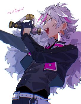 1boy 445inabc belt black_jacket black_shirt chromatic_aberration commentary commentary_request cowboy_shot hair_between_eyes highres holding holding_microphone idol_land_pripara jacket long_sleeves male_focus microphone multicolored_hair music ooedo_shinya open_mouth pants pretty_series pripara profile shirt short_hair simple_background singing smile solo standing streaked_hair sweat symbol-only_commentary white_background white_belt