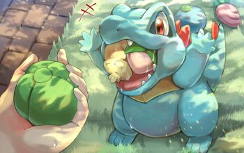 Rule 34 | 2024, aq gohan, berry (pokemon), eating, gen 2 pokemon, grass, highres, holding, lum berry, nintendo, oran berry, outdoors, pecha berry, persim berry, pokemon, pokemon (creature), pokemon day, pokemon focus, red eyes, sitrus berry, teeth, totodile