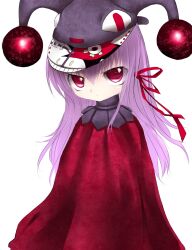 Rule 34 | 1girl, cloak, commentary request, expressionless, gore (gore screaming show), gore screaming show, hair ribbon, hat, highres, jester cap, long hair, looking at viewer, onodera (einsatz), purple hair, red cloak, red eyes, red ribbon, ribbon, simple background, solo, white background, yuka (gore screaming show)