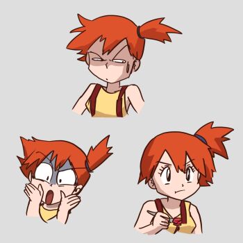 1girl :t bare_arms bare_shoulders black_eyes breasts chopsticks closed_mouth constricted_pupils eating eyelashes food fork hair_tie hands_on_own_cheeks hands_on_own_face hands_up highres holding holding_chopsticks holding_fork holding_spoon kunugi_oekaki looking_down misty_(pokemon) multiple_expressions nintendo open_mouth orange_hair pokemon pokemon_(anime) pokemon_(classic_anime) ponytail shaded_face shirt short_hair side_ponytail sleeveless sleeveless_shirt spoon surprised suspenders sweat sweatdrop tank_top turn_pale upper_body wide-eyed worried yellow_shirt