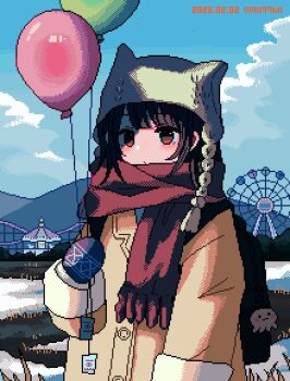 1girl animal_ear_headwear artist_name balloon black_bag black_hair blue_mittens blush carousel cloud coat commentary dated english_commentary fake_animal_ears ferris_wheel hat holding holding_balloon mittens nanami_yuki_(yuki77mi) original outdoors pixel_art red_scarf scarf sidelocks sky snow solo yellow_coat