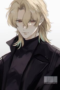 Rule 34 | 1boy, alternate costume, black jacket, black shirt, blonde hair, closed mouth, commentary request, grey background, hair between eyes, highres, jacket, long hair, looking at viewer, luuk herssen (wuthering waves), male focus, multicolored hair, red eyes, shirt, simple background, solo, streaked hair, wu yuuri, wuthering waves