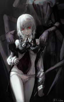 2girls absurdres arthropod_limbs black_dress breasts chainsaw_man closed_mouth clothes_lift collared_shirt deep_wound dress dress_lift earrings extra_arms falling_devil_(chainsaw_man) fami_(chainsaw_man) fourth_east_high_school_uniform grey_hair highres injury jewelry kitsune_yo lifting_another&#039;s_clothes long_sleeves looking_at_viewer mole mole_under_eye mole_under_mouth multiple_girls multiple_moles pale_skin panties pinafore_dress red_eyes ringed_eyes school_uniform shirt sleeveless sleeveless_dress underboob underwear white_panties white_shirt