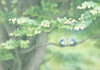 animal bird branch commentary_request fujiko88 green_theme highres leaf nature no_humans original painting_(medium) traditional_media tree watercolor_(medium)